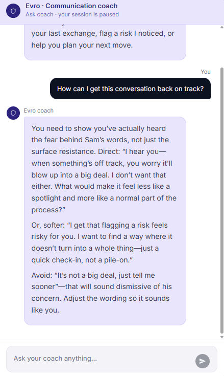 Evro coach chat panel giving live feedback during a practice conversation