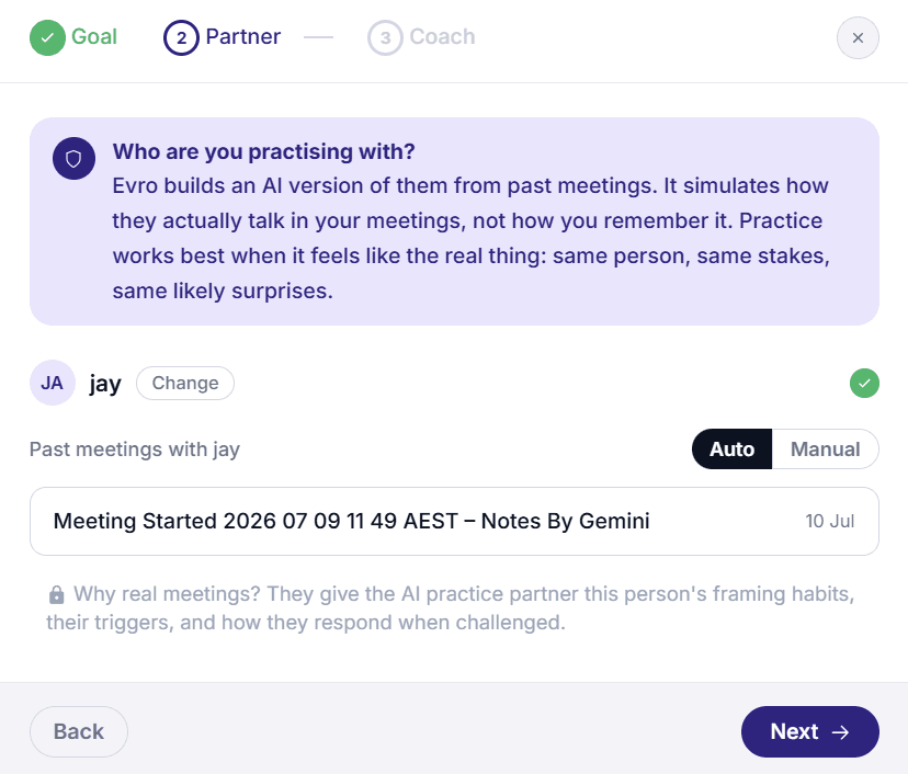 Evro screen for selecting past meeting transcripts to build a realistic role play partner from